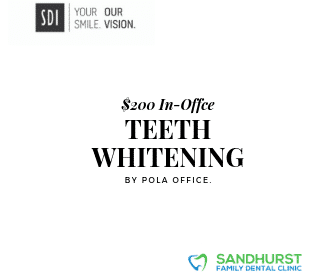 Graphic showing a $200 teeth whitening special offered at Sandhurst Family Dental Clinic.